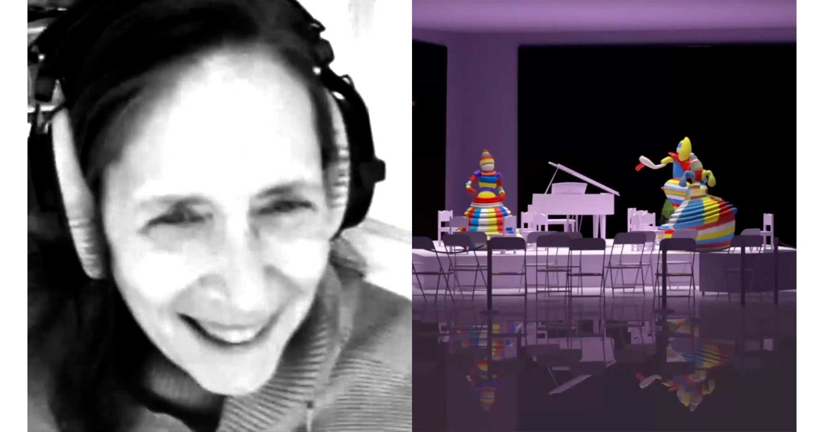 Techspressionist Artist Interview #29: Claudia Hart. Left, a black-and-white portrait of Hart wearing headphones; right, a 3D-rendered scene of two figures in colorful striped costumes beside a white grand piano on a lavender stage.