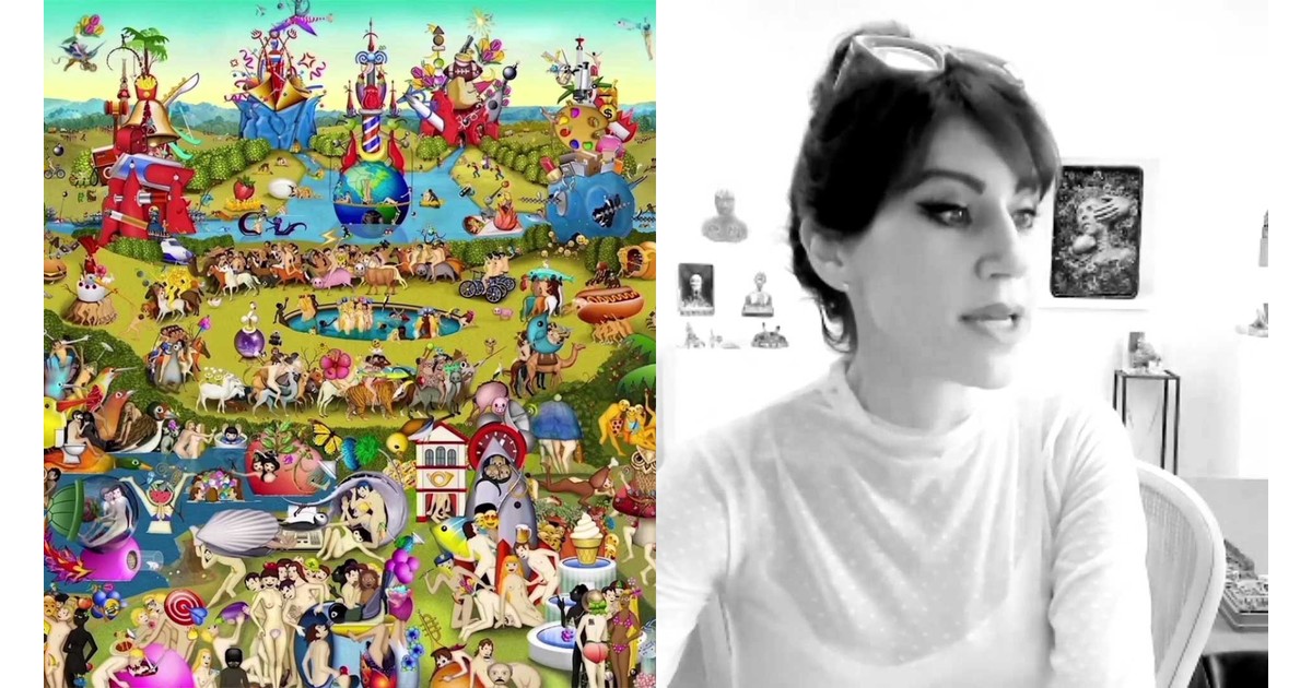 Techspressionist Artist Interview #30: Carla Gannis. Left, a dense, colorful digital landscape crowded with figures and animals from her work; right, a black-and-white portrait of Gannis indoors with art on the wall behind her.