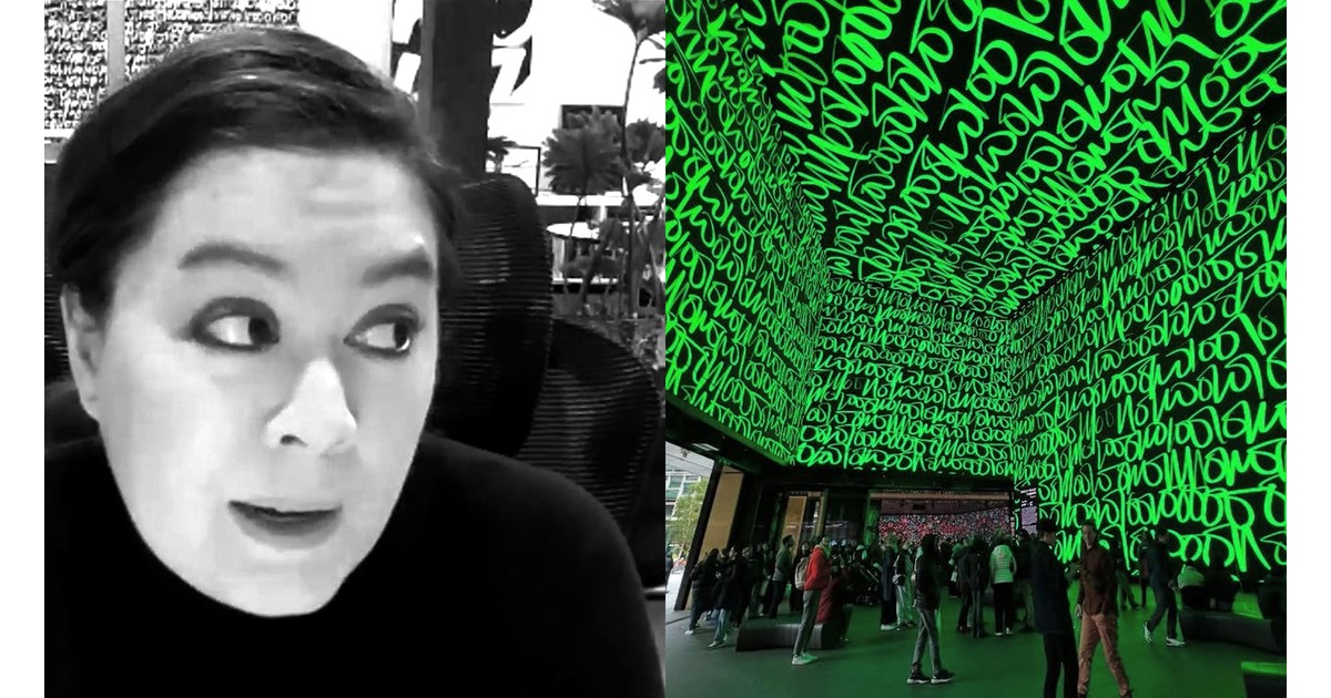 Techspressionist Artist Interview #28: Sasha Stiles. Left, a black-and-white portrait of Stiles; right, visitors standing in an immersive installation whose walls and ceiling are covered in glowing green handwritten script.