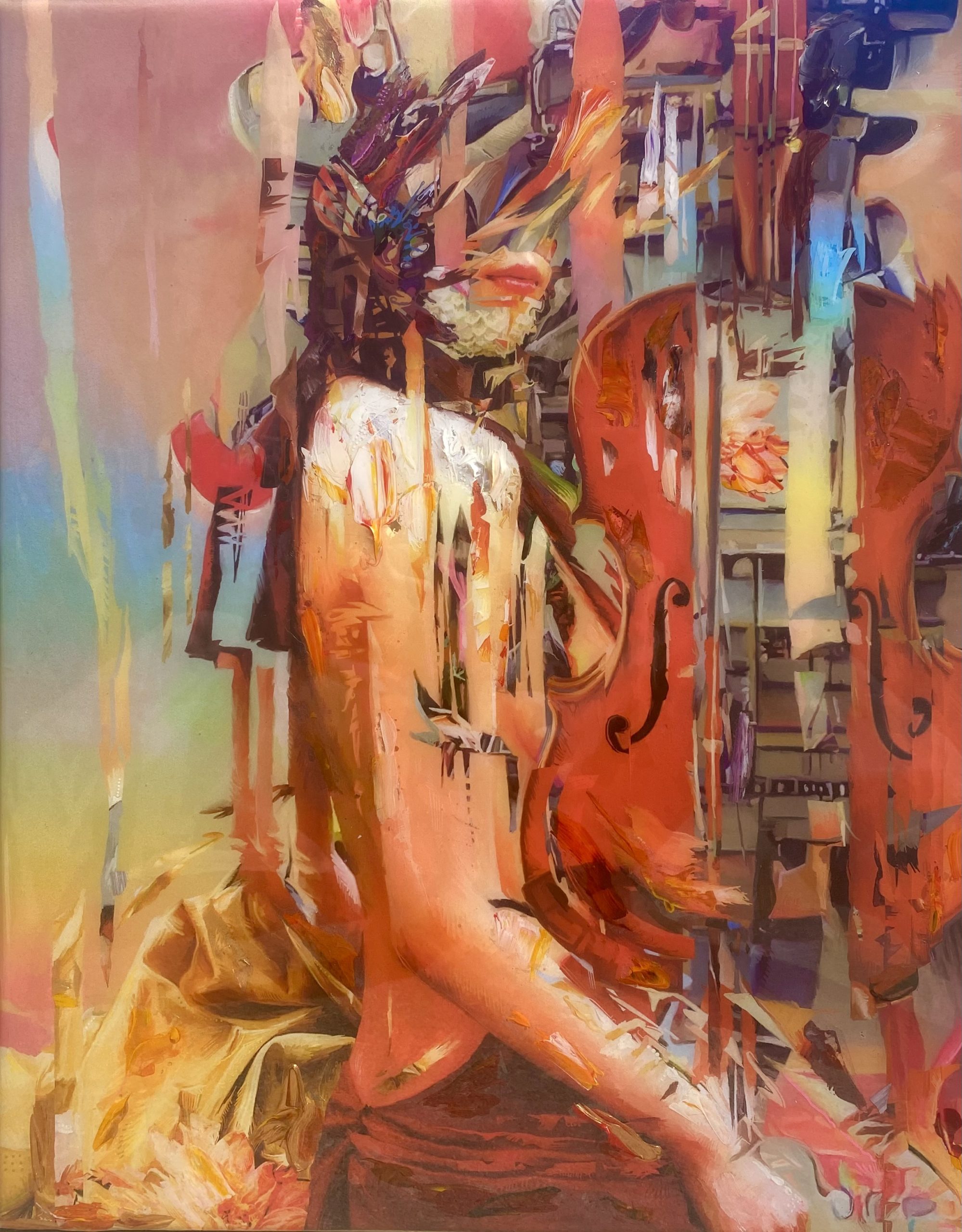 ScoJo , Violin Femme 2, 2022. Acrylic, spray paint, pencil, paint pen and duralar on archival pigment print on paper, 16" X 20", $1740 framed.