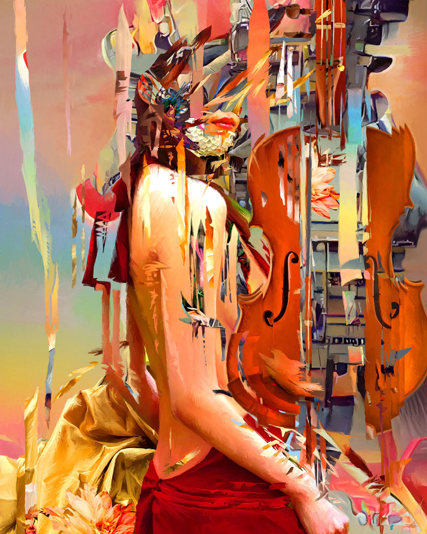 ScoJo , Violin Femme 2, 2022. Acrylic, spray paint, pencil, paint pen and duralar on archival pigment print on paper, 16" X 20", $1740 framed.