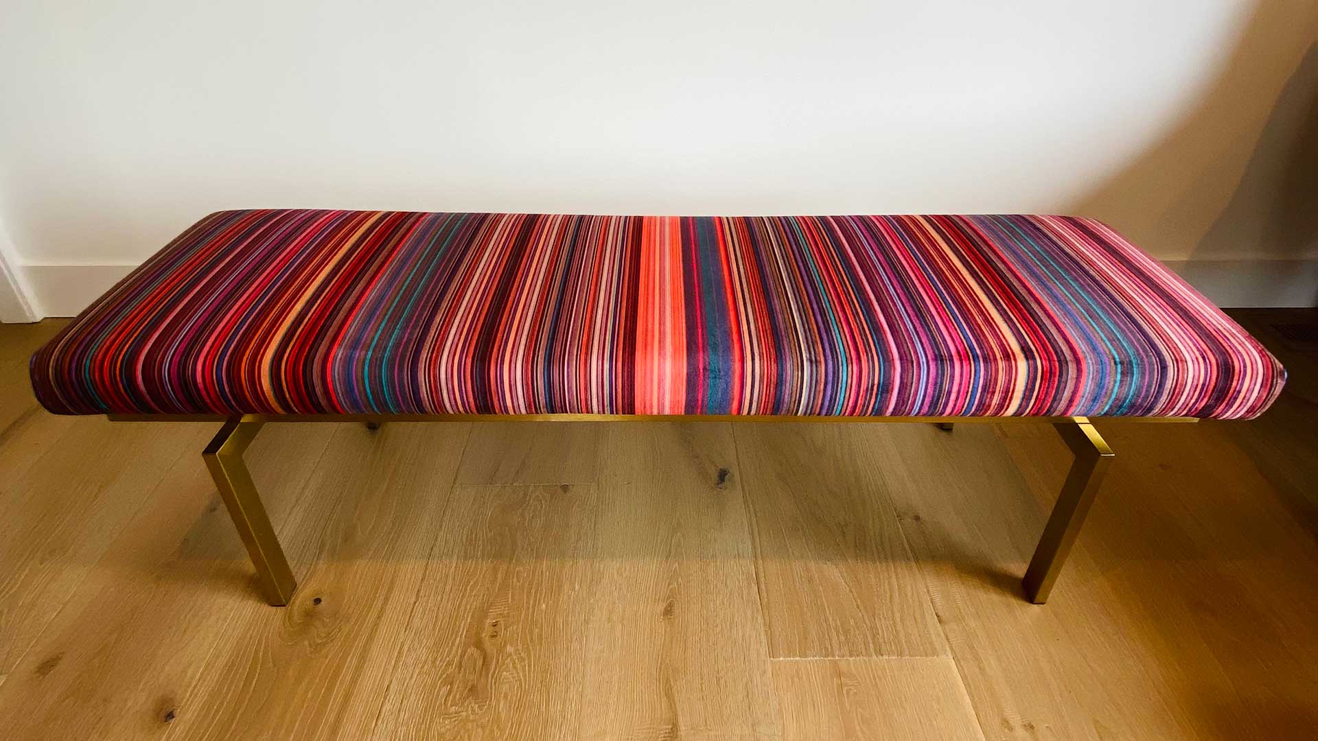 Oz Van Rosen, The Glitch Bench, 2021, Art printed on velvet fabric, 17” wide, 18 Tall, 58 inches long, $4,000