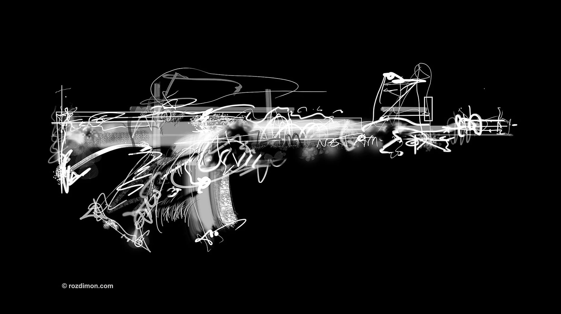 Roz Dimon, KALASHNIKOV II, digital drawing, 30000×12600px, 493.5 MB, 68 layers.