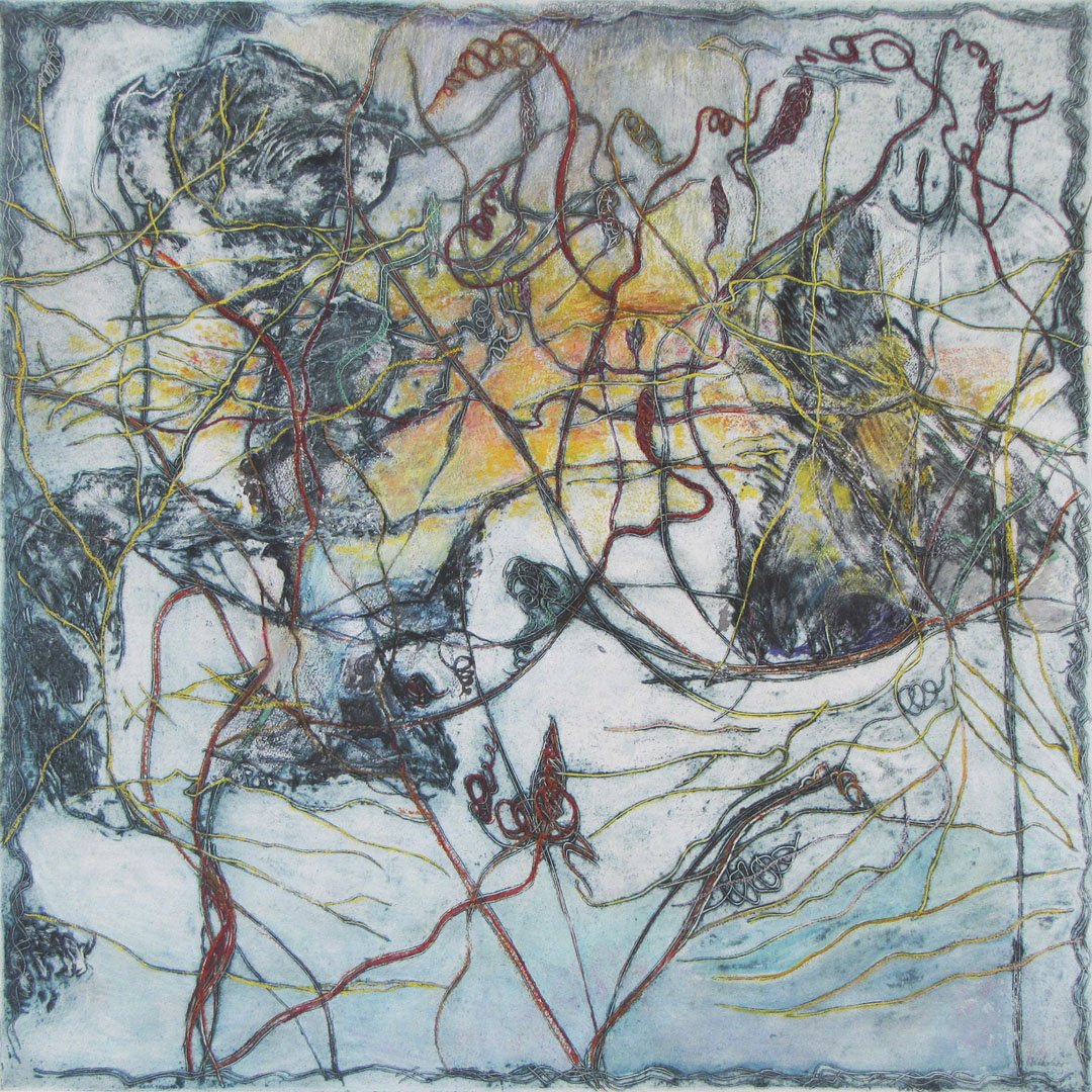 Roy Nicholson, 24 Hours (Morning). Solar plate etching with oil paint and oil pastels on Arches paper, plate size 33 x 33 inches, 