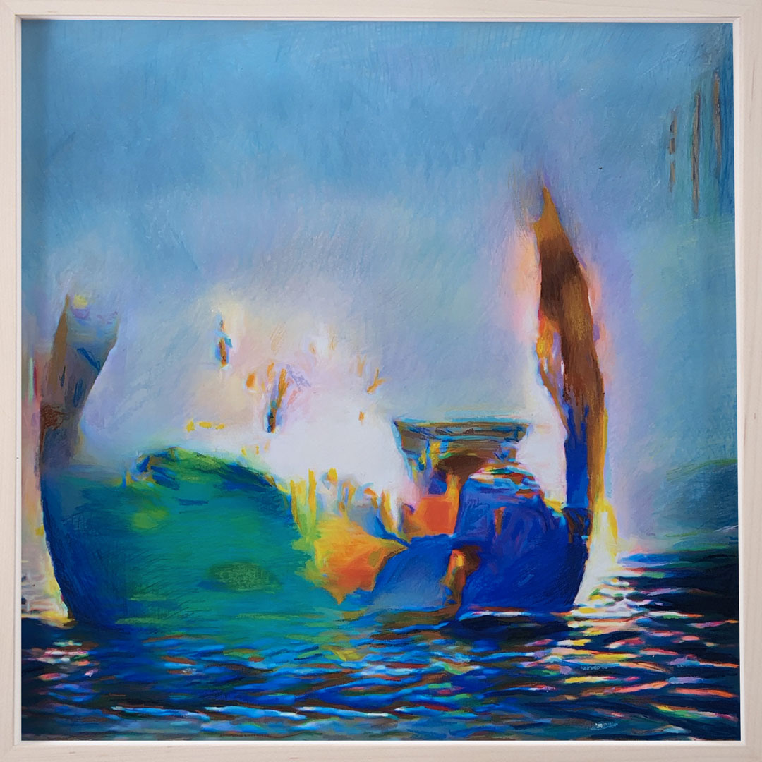 Anne Spalter, Color Boat, 2019. Pastel Drawing with composition created with artificial intelligence, 20 x 20 inches.