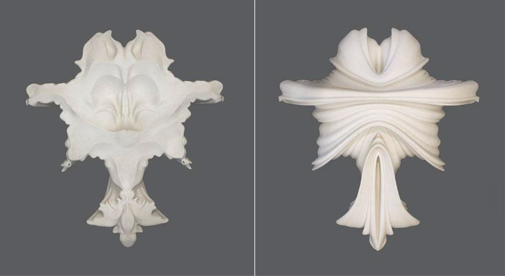Suzanne Anker, Rorschach series (Tarantula), 2004-05. Rapid Prototype Sculpture. Plaster and resin, Edition of 3. 9.5” x 11” x 3.5”. $ 3,000. Also available in 4.5” x 5” x 1”. Plaster and resin; ivory white or painted black, Edition of 6. $500.