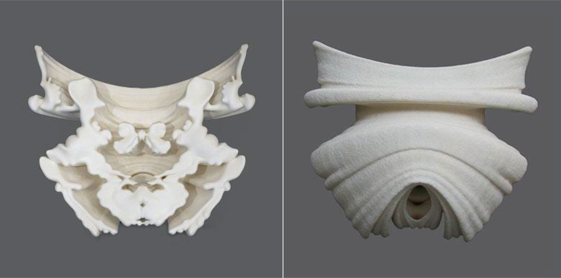 Suzanne Anker, Rorschach series (Gossipers), 2004-05. Rapid Prototype Sculpture. Plaster and resin, Edition of 3. 11” x 8.5” x 5.5”. $3,000. Also available in 4.5” x 5” x 1”. Plaster and resin; ivory white or painted black, Edition of 6. $500.