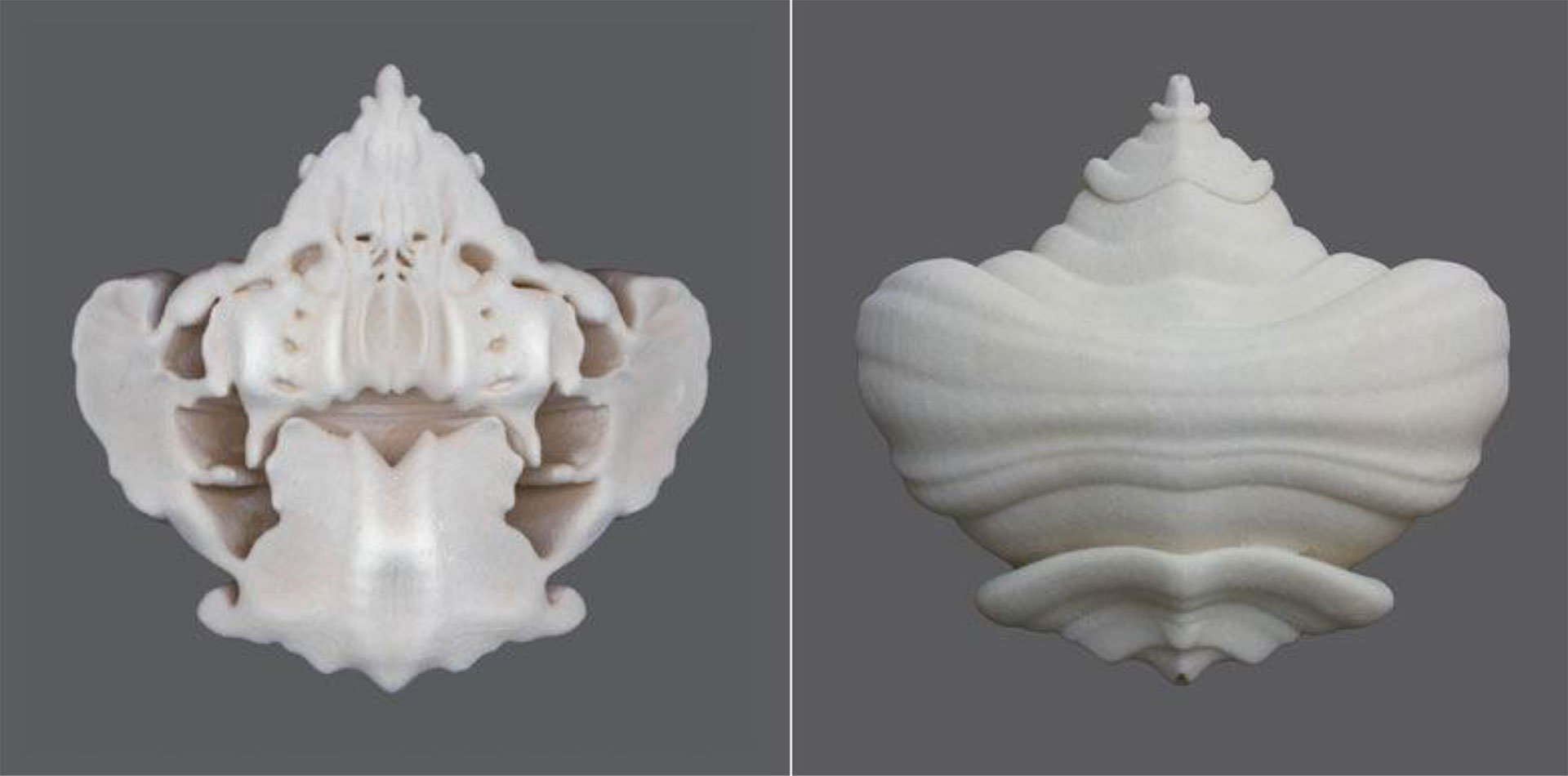 Suzanne Anker, Rorschach series (Crab), 2004-05. Rapid Prototype Sculpture. Plaster and resin, Edition of 3. 11” x 10” x 3”. $3,000. Also available in 4.5” x 5” x 1”. Plaster and resin; ivory white or painted black, Edition of 6. $500.