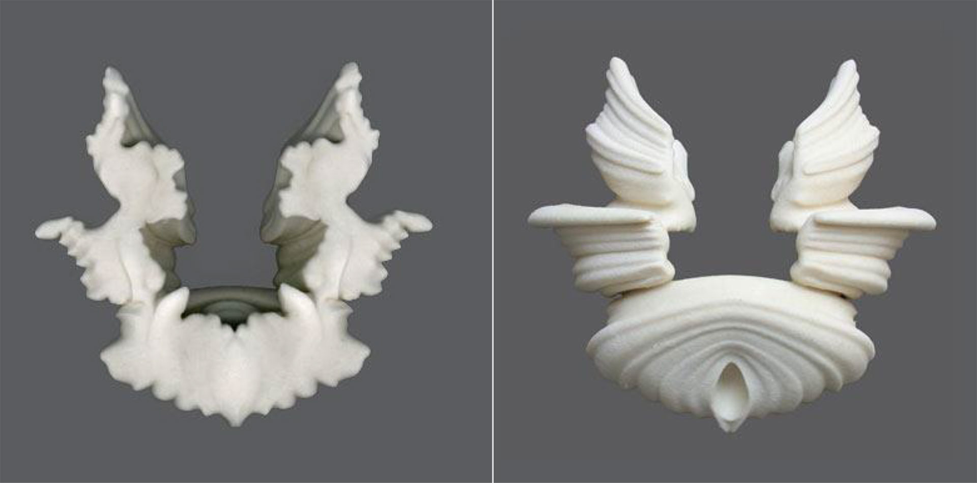 Suzanne Anker, Rorschach series (Rocker), 2004-05. Rapid Prototype Sculpture. Plaster and resin, Edition of 3. 9” x 9.5” x 2.5”. $3,000. Also available in 4.5” x 5” x 1”. Plaster and resin; ivory white or painted black, Edition of 6. $500.