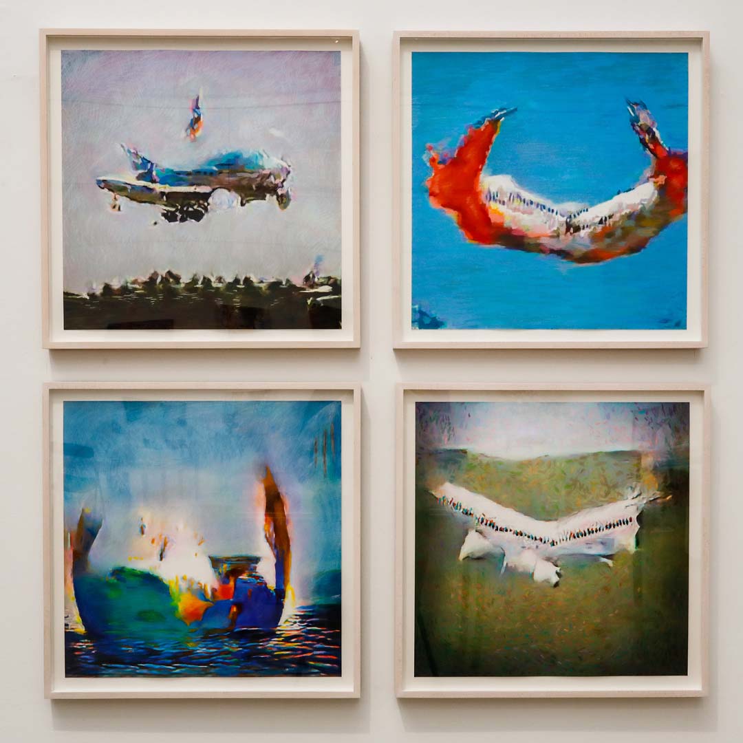 Anne Spalter (USA), pastel drawings with composition created with artificial intelligence, 2019. 20 x 20 inches each. Clockwise from top left: Apparition, Too Close to the Sun, Fossil, Color Boat.