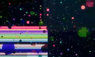 Abstract digital art with colorful horizontal stripes and variously sized dots on the left, blending into a dark background with scattered glowing dots and squares on the right.