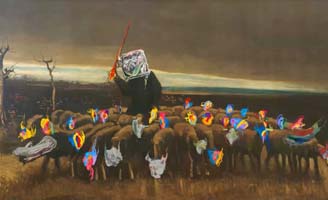 A surreal painting shows a robed figure holding a staff, standing among a herd of animals with brightly colored, abstract faces against a dark, moody landscape.