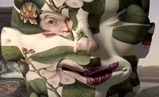 A surreal image of a human face blended with botanical elements, including leaves, flowers, and petals. Facial features partially emerge through the plant textures, creating a dreamlike, composite portrait.