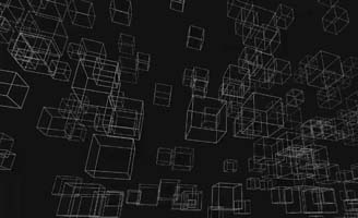 A digital illustration of numerous transparent wireframe cubes floating and overlapping in a dark, three-dimensional space, creating a sense of depth and complexity.