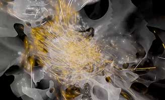 Abstract digital artwork featuring swirling translucent shapes in shades of gray and black, overlaid with dynamic yellow and white streaks resembling energy or light within an organic structure.