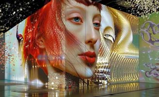 A large, colorful digital art installation features surreal portraits of faces with vivid makeup, red hair, and abstract, overlapping patterns on a geometric structure in a modern exhibition space.