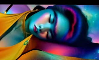 A person with brightly colored, surreal skin tones and vivid lighting is lying down with eyes closed, wearing a yellow garment, creating a dreamy, futuristic atmosphere.