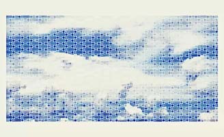A digital art image depicts a blue sky with scattered white clouds, overlaid with a pattern of small blue rectangles arranged in a grid across the entire scene.