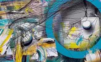 Abstract artwork featuring bold, colorful brushstrokes in yellow, white, gray, and teal, intersected by black curved lines and circles, creating a sense of movement and depth.