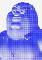 A pixelated, blue-tinted image of a large cartoon man with glasses, a round nose, and a collared shirt, facing slightly upward against a plain white background.