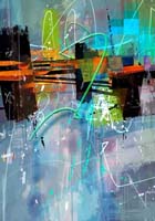 Abstract painting featuring bold splashes of orange, blue, black, and green, with dynamic lines and geometric shapes layered over a textured, multicolored background.