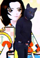 A person wearing a black cat mask, black clothes, and a tail stands in front of a colorful illustration of a woman in a patterned kimono with short black hair.