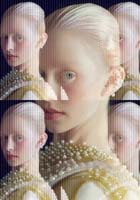 A stylized image featuring a young person with slicked-back blonde hair and a beaded, ornate garment, repeated four times with a digital, slightly distorted effect.