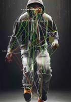 A person in a hooded jacket walks forward with colorful digital lines and data points superimposed over their body, suggesting motion tracking or biometric analysis.