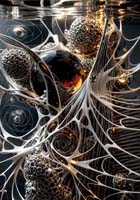 Abstract image featuring metallic spheres entangled in intricate, white web-like structures with dramatic lighting and reflections, creating a complex, futuristic appearance.