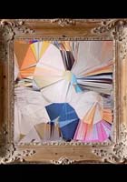 Abstract painting with geometric shapes in shades of blue, white, orange, pink, and beige, displayed in an ornate, carved gold frame against a black background.