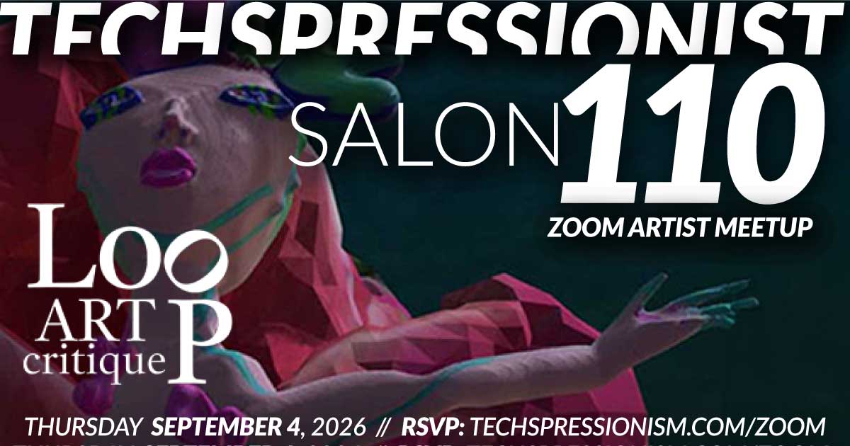 Abstract pink figure with outstretched arms appears in the background. Text reads: Techspressionist Salon 110 Zoom Artist Meetup Loop Art Critique. Thursday September 4, 2026 // RSVP: techspressionism.com/zoom..