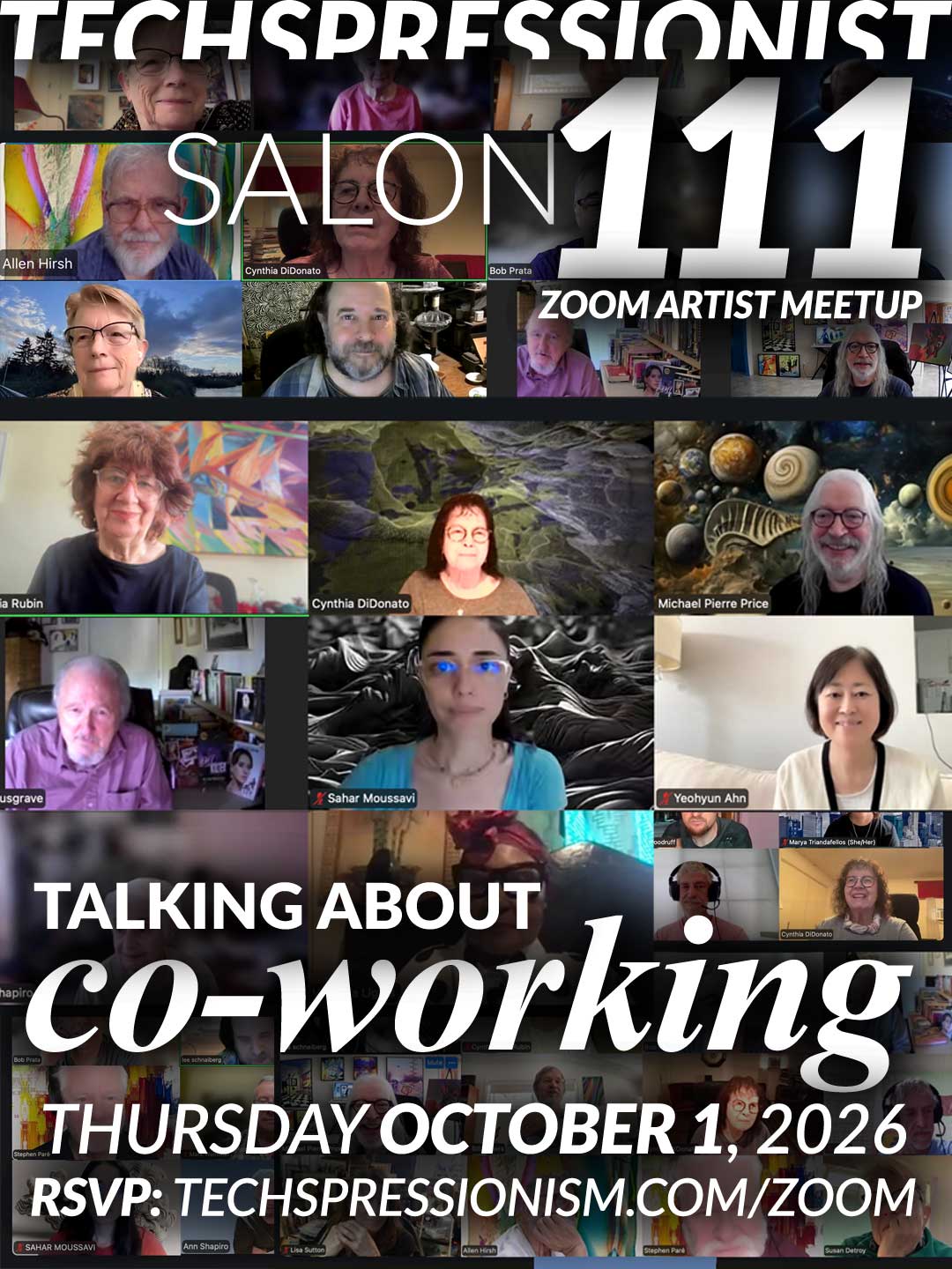 A Zoom call with multiple artist headshots, tech and art backgrounds, and text promoting Techspressionist Salon 111 on October 1, 2026, focused on co-working. RSVP info included.