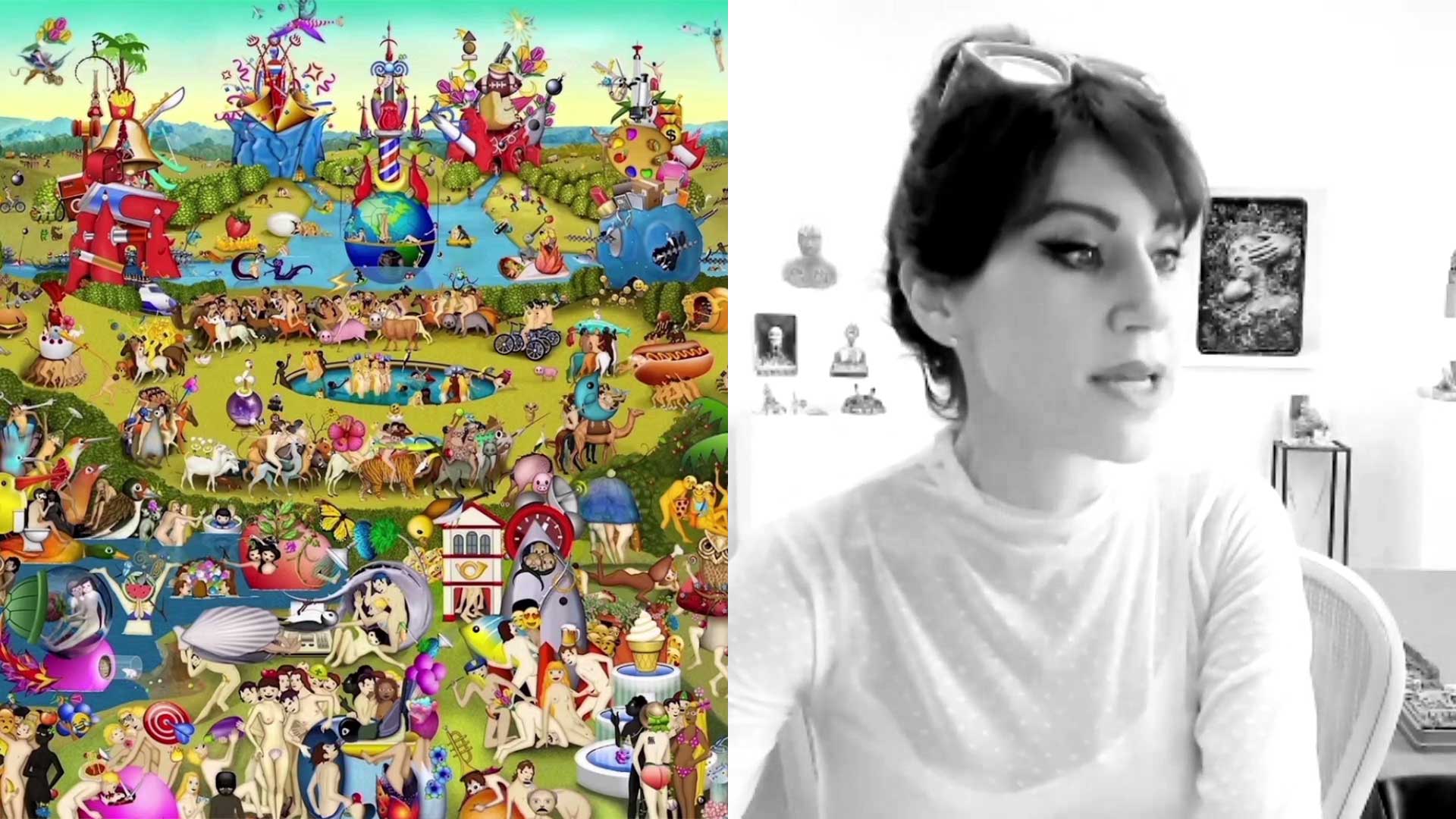 Split image: Left side shows a colorful, detailed, fantasy landscape with many characters and animals. Right side is a black-and-white photo of artist Carla Gannis in a light top, sitting indoors with art on the wall behind her.