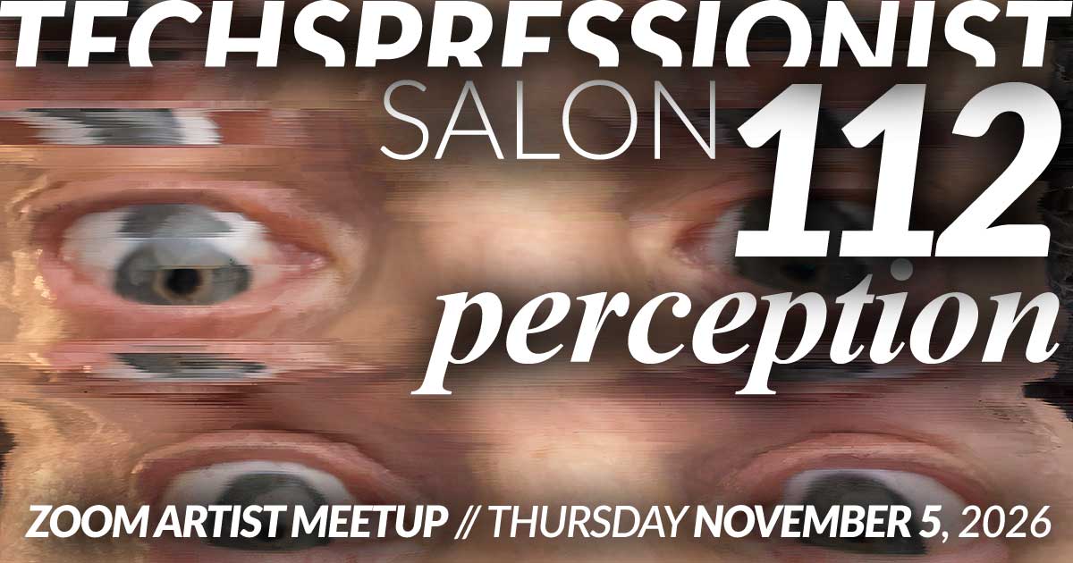 Event poster for Techspressionist Salon 112: perception, a Zoom artist meetup on Thursday, November 5, 2026, featuring a distorted image of an eye.