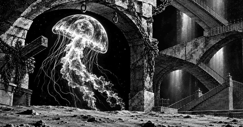 Cover of The Techspressionist Journal, Issue 001, AI Slop in Art: a glowing jellyfish holding the Earth beneath engraved stone arches.