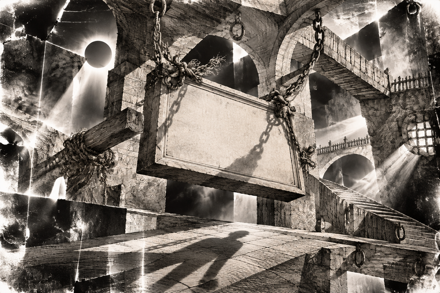 An empty frame suspended in impossible museum architecture
