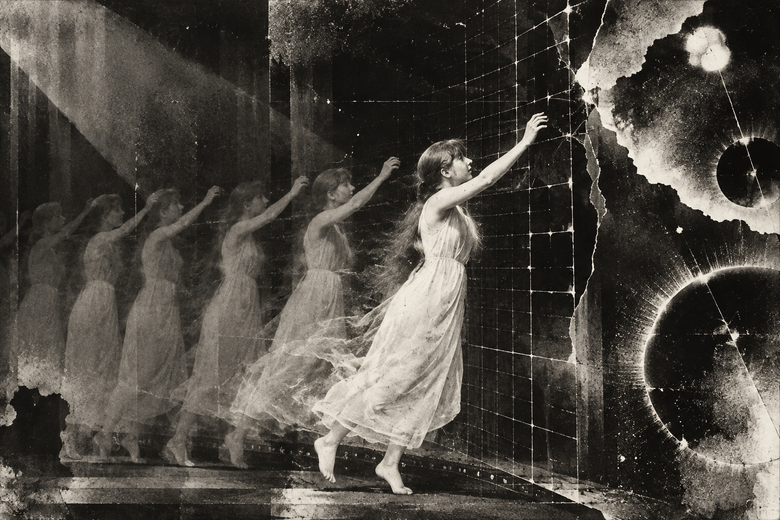 A draped figure multiplies into translucent copies across a surreal monochrome landscape