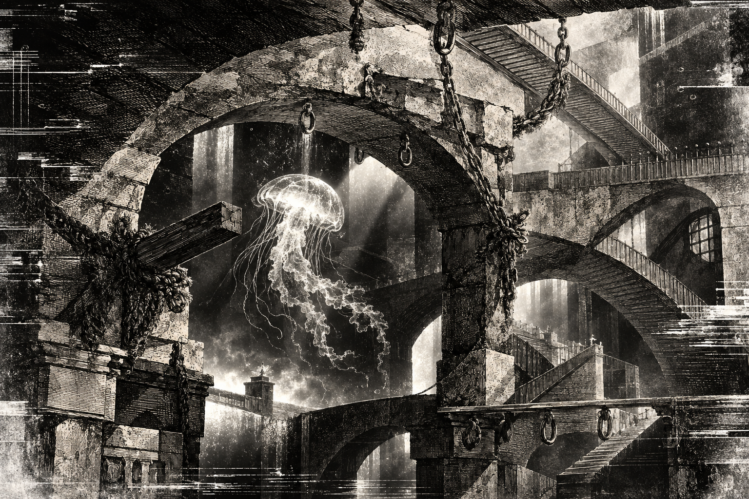 A luminous jellyfish floats inside an engraved prison-like architectural vault