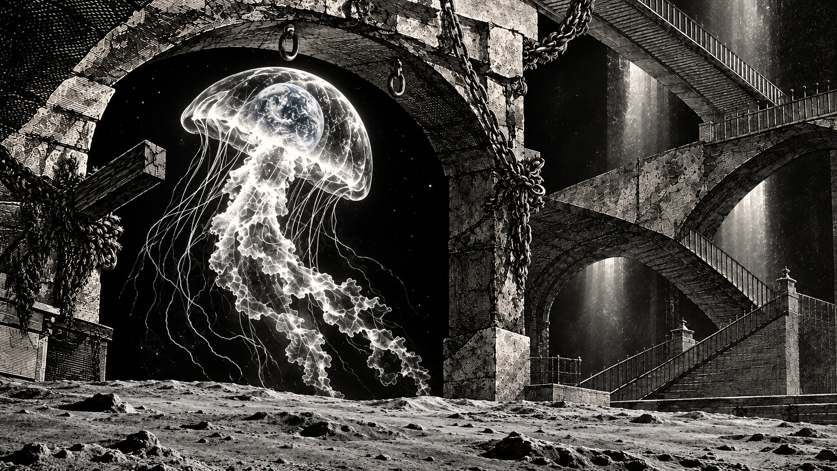 Cover of AI Slop in Art: An Excuse Not to Look?, Issue 001 of The Techspressionist Journal: a luminous jellyfish holds a photographic Earth beneath engraved prison arches above lunar terrain