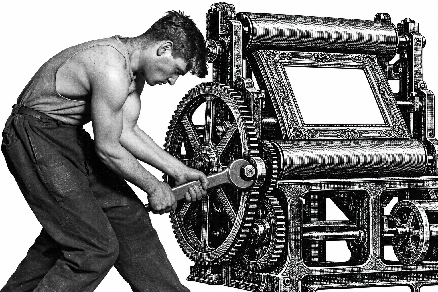 A photographic mechanic turns an enormous engraved printing press holding an empty ornate art frame