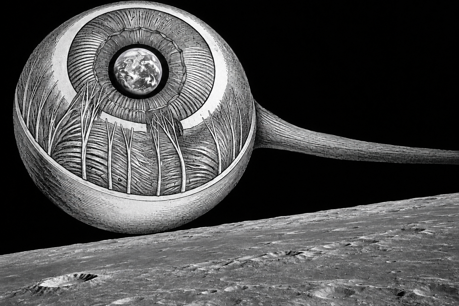 A monumental engraved anatomical eye with a photographic Earth in its pupil hangs above a lunar landscape